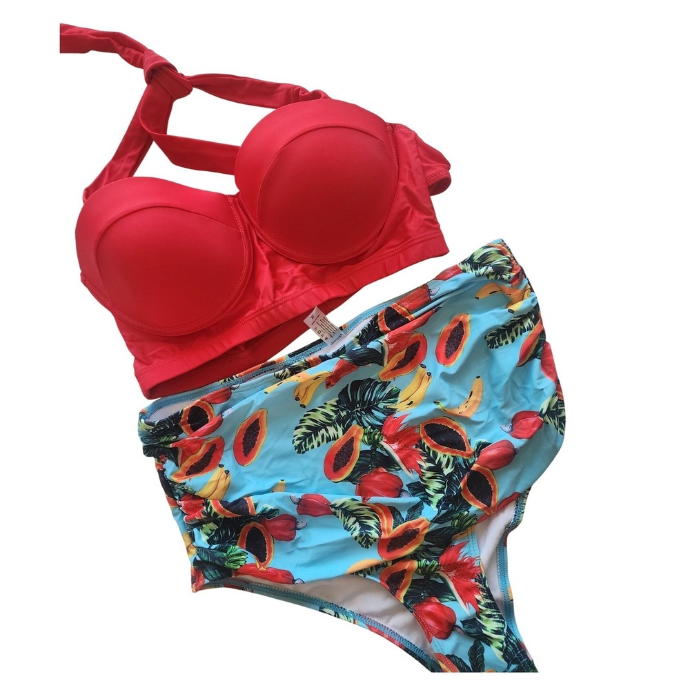 Sporlike Red Halter Push Up Bikini Tropical Fruit High Waist 414 Two Piece XL